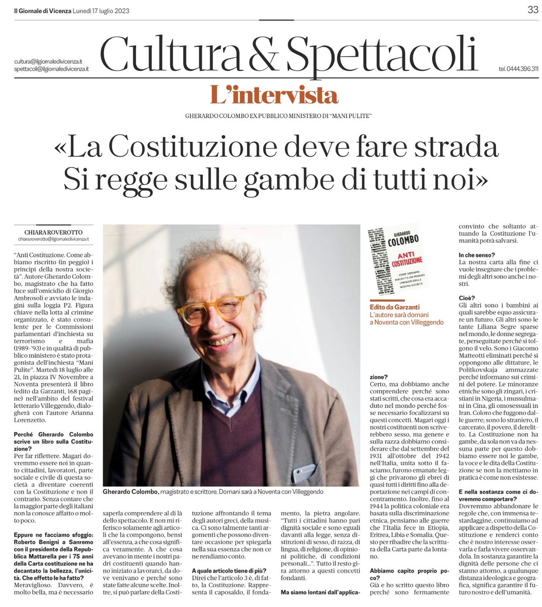 ⁦<a href="/GiornaleVicenza/">Il Giornale di Vicenza</a>⁩ ⁦<a href="/garzantilibri/">Garzanti Libri</a>⁩ ⁦<a href="/Gheracol/">Gherardo Colombo</a>⁩ ⁦<a href="/villeggendo/">villeggendo</a>⁩ “La Costituzione si regge sulle gambe di tutti noi, ma dobbiamo ridare senso e valore alla nostra esistenza . Pensare alla Carta significa dare dignità a tutte le persone “. Gherardo Colombo