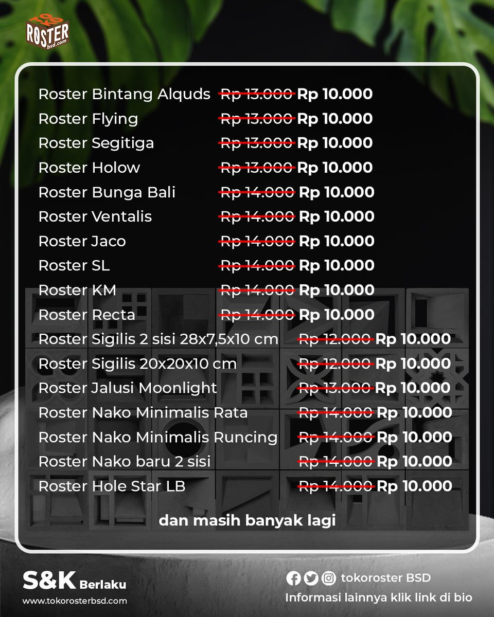 tokorosterbsd's tweet photo. Syarat &amp; Ketentuan: 

1. Harga khusus berlaku selama Tgl 18 – 31 Juli 2023
2. Harga Roster Mulai 10.000an
3. Pembayaran Full Payment di awal transaksi
4. Minimal Pemesanan 50 Pcs
__
Toko Roster BSD ART of Ventilation Block

Informasi produk hubungi:
📱0812 1348 1313 https://t.co/p81VxqhCDa