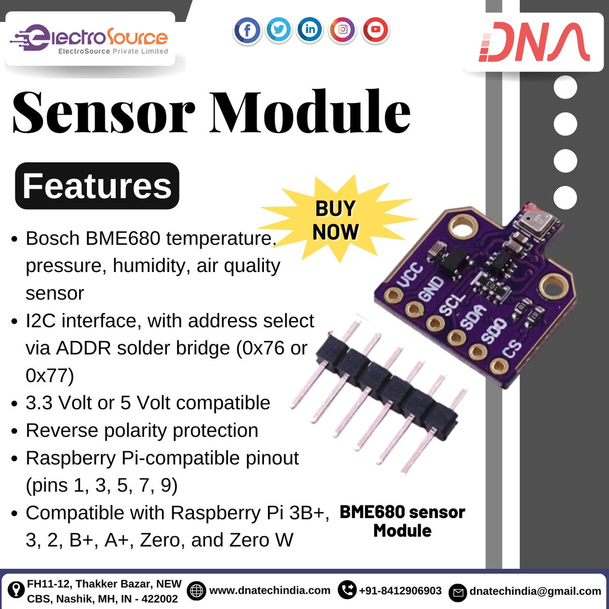 dnatechindia's tweet image. Sensor Module
BME680 Sensor Module
#sensormodule #module #bosch #temprature #pressure #humidity #airquality #sensor #inteface #address #solderbridge #volt #protection #raspbessry #pinout #electronics #componenteselectrónicos #components #nashikcity