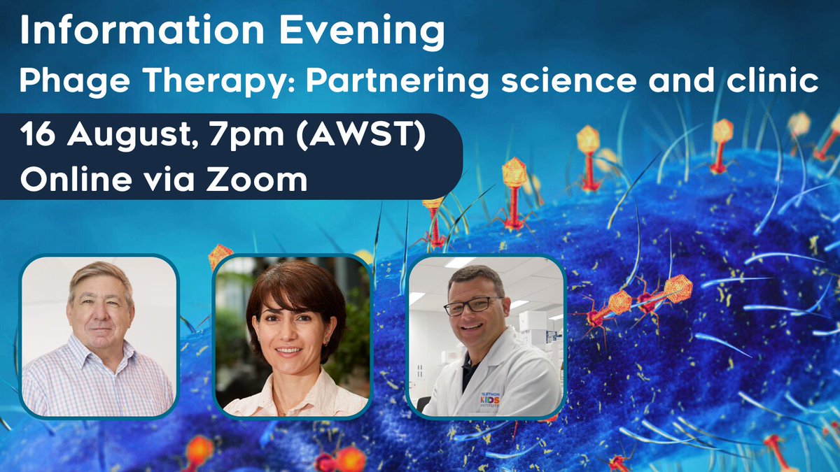 WalyanCentre's tweet photo. Please join @mitchmess, @DrAnthonyKicic and Dr Ameneh Khatami for this Zoom information evening on phage therapy - partnering science and clinic. Find out more information and register here 👉 https://t.co/RBg1wER7Ih @WalyanCentre @telethonkids @westmeadkids @PhageAustralia https://t.co/Q5AyR8LC3l