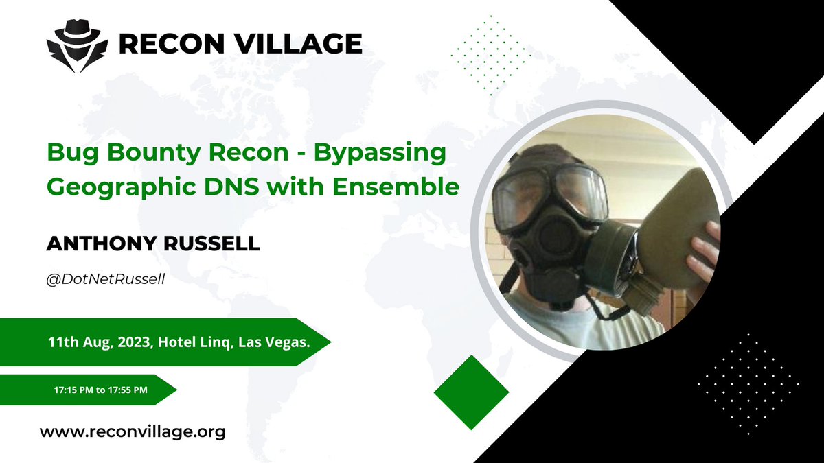 🐞 Join <a href="/DotNetRussell/">☣️ Mr. The Plague ☣️</a>, at <a href="/ReconVillage/">Recon Village</a>, <a href="/DEFCON/">DEF CON</a> 31 for an exciting talk on "Bug Bounty Recon - Bypassing Geographic DNS with Ensemble." 

and 🌐🔓 Learn advanced techniques to overcome geographic restrictions and maximize your bug bounty hunting. 

#Recon #BugBounty #recon2023