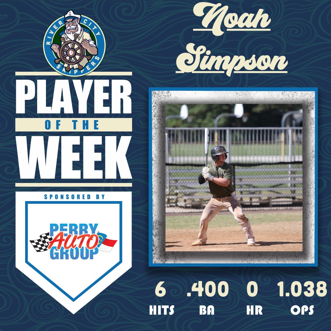 ⚓PLAYER OF THE WEEK⚓ Noah Simpson out of Currituck, North Carolina is your Perry Auto Group Player of the Week! Noah had 3 doubles and 6 RBI this past week for the Skippers! Congrats Noah!