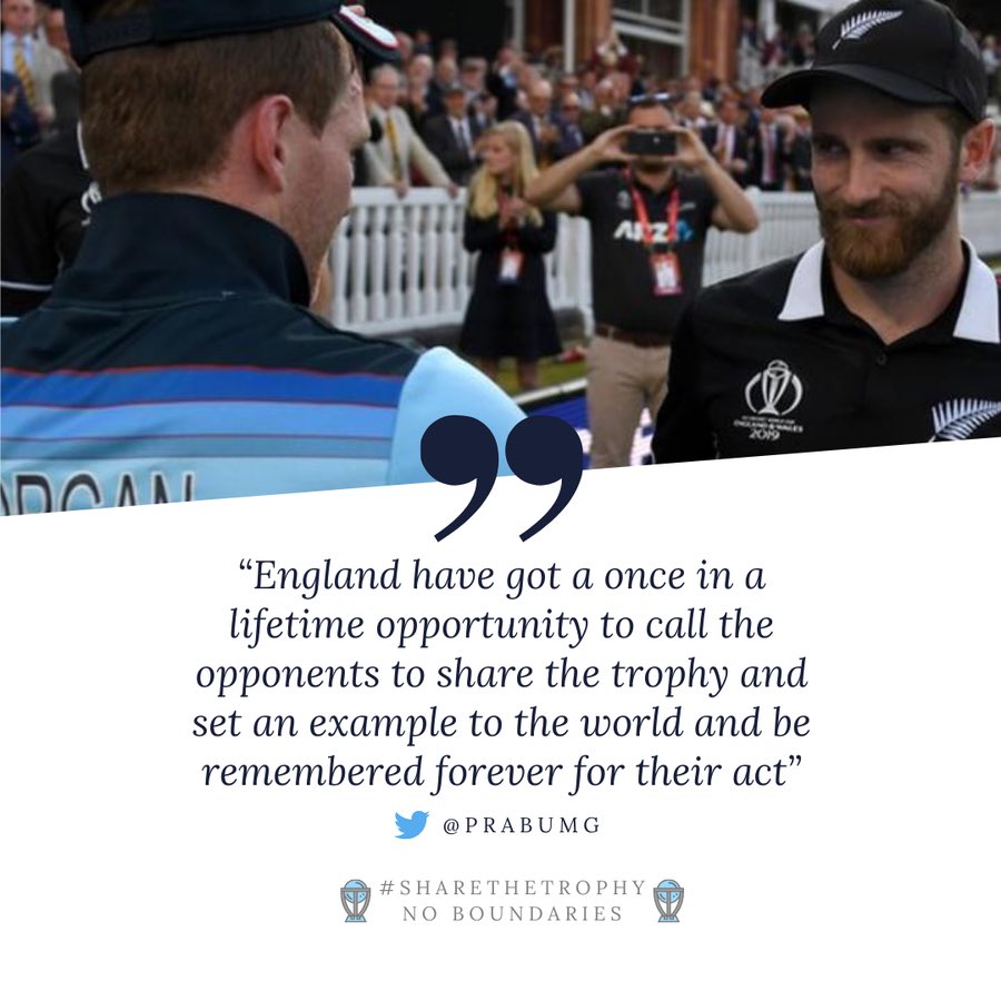 CWC19Winner's tweet photo. England can make 2019 moment be remembered for an act of SPIRIT above &amp; beyond the great game played🤝 And continue to guide &amp; lead the world on matters of SPIRIT 

Cricket results may be forgotten some day, but SPIRIT will live on inspiring generations⏬ 

#SpiritOfCricket https://t.co/qSZo6EINsk