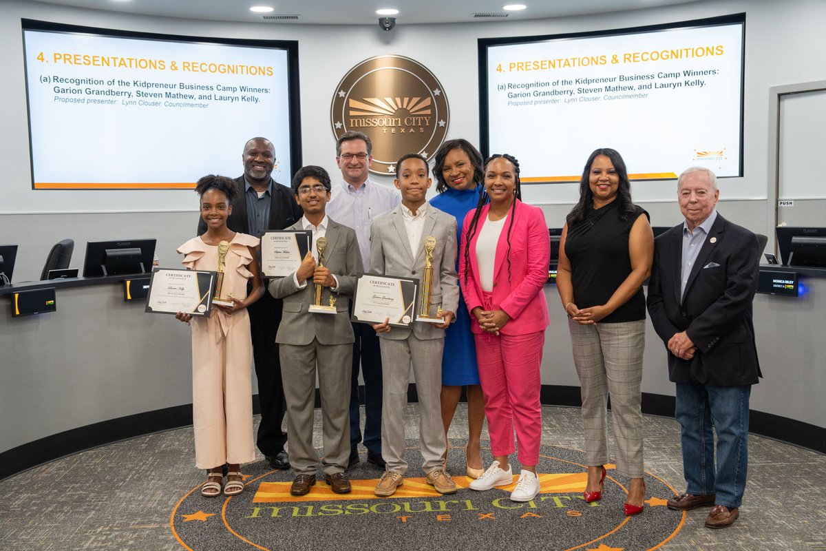 MissouriCityTX's tweet photo. At tonight's Regular City Council Meeting, Garion Grandberry, Steven Mathew, and Lauryn Kelly were recognized #MCTX's Kidpreneur winners. Seth &amp; Alexander, Palmer House Ministries, and Double Dave’s Pizzaworks were recognized for supporting the Shop with Pop event. https://t.co/ZjWFsjBoIs