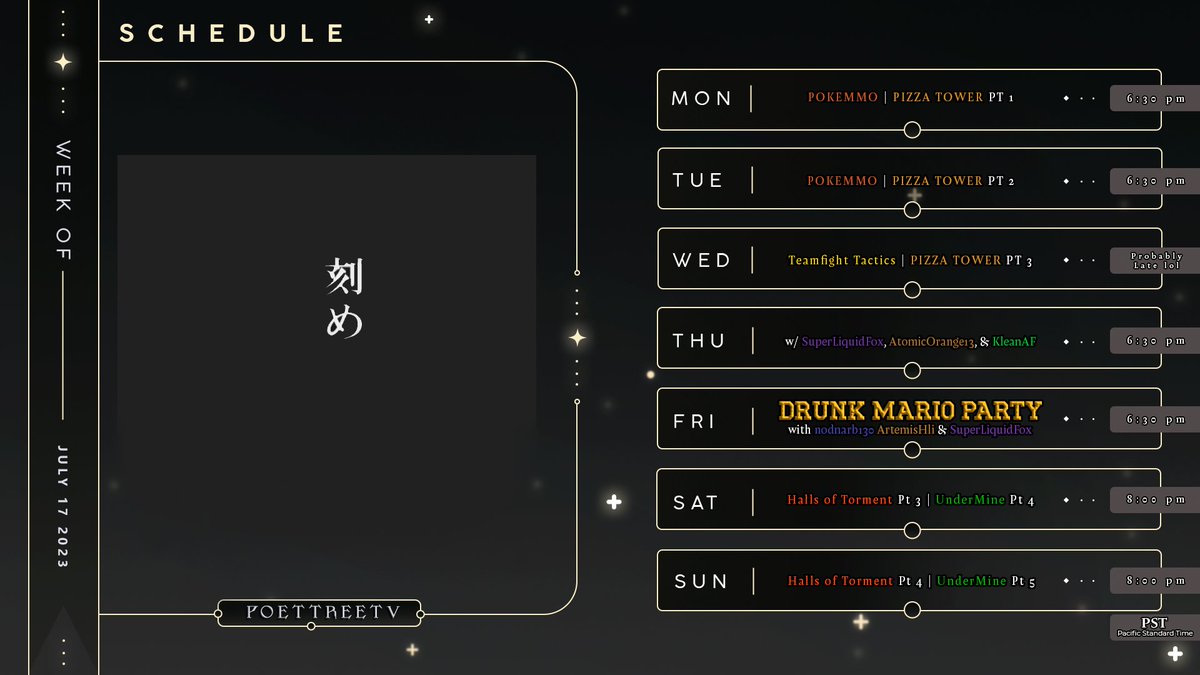 PoetTreeTweets's tweet photo. NEW STREAM SCHEDULE FOR THIS WEEK - JULY 17

🤓 GOING LIVE SOON YOU GET IN YOU NERDS 🤓
#TwitchStreamers #hallsOfTorment #pokemmo #PokemonSleep https://t.co/RCh0PjixDK