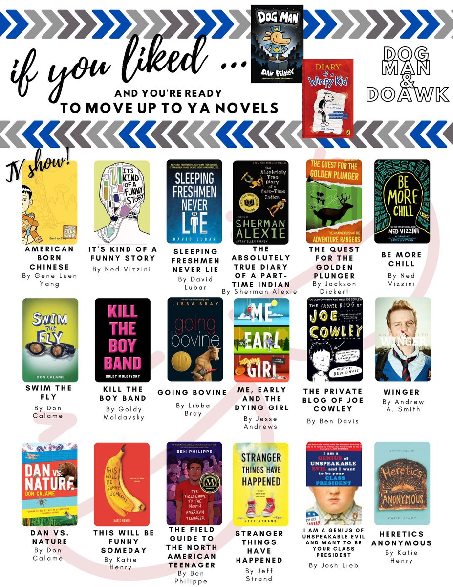 thenextgenlib's tweet photo. Has ur kid read Dog Man &amp; DOAWK a million times and need more recs for #MG &amp; #YA humor #books? Here ya go! Link in bio! #librarytwitter #librarian #librarians #booktwitter #bookrecommendations #humorbooks https://t.co/QXeMMgCZUk