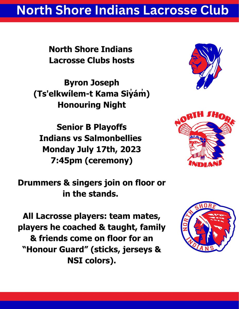 Wilsonius19's tweet photo. Tonight our North Shore Indians honor a legend for
Lacrosse, the @SquamishNation and leader. Harry Jerome at 7:40pm for pregame honoring ceremony. First playoff gMe vs New West-minister. https://t.co/cXqA2wqFk5