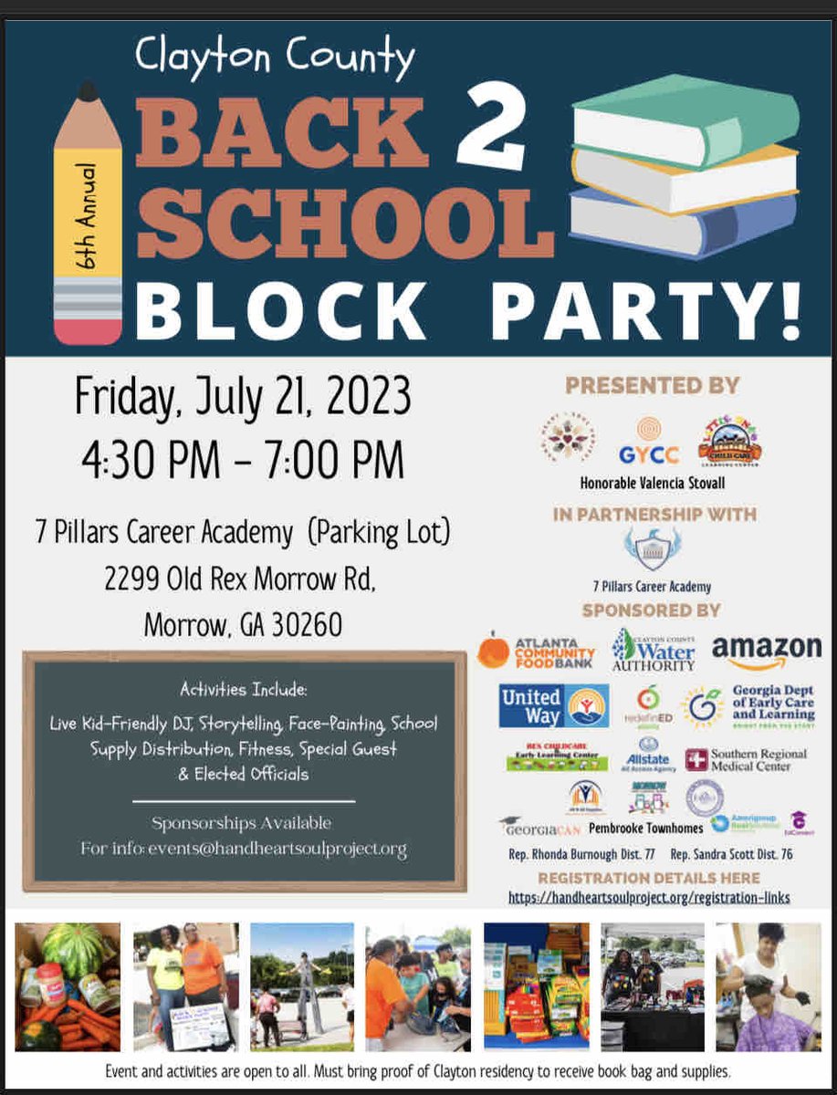ValenciaStovall's tweet photo. What’s coming up Fri. 7/21
6th Clayton Co B2S Block Party 4:30pm-7pm
#7PillarsCareerAcademy
Live DJ, supplies, entertainment, resources, activities, food giveaway
#handheartsoulproject #georgiayouthcareercenter #littleoneslearningcenter #honorablevalenciastovall https://t.co/9c0GOis1li