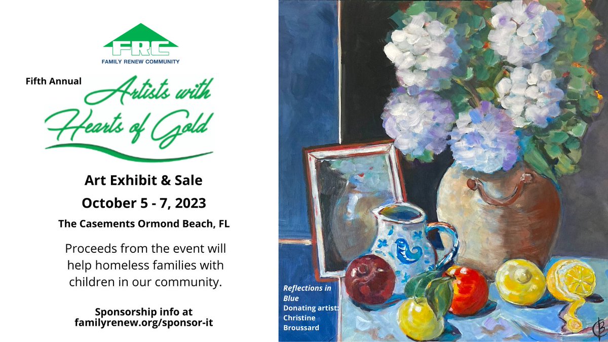 Love art? Mark your calendars for Oct. 5-7, 2023 to join us at Artists with Hearts of Gold. This exhibit and sale of fine art will benefit homeless families with children.   
Interested in sponsoring? Learn more at familyrenew.org/sponsor-it.