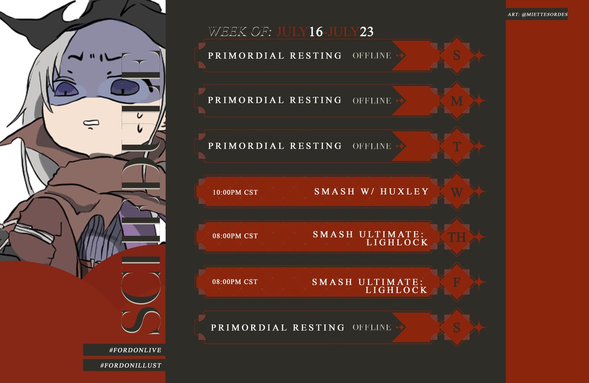 FordonCreo's tweet photo. 【Weekly Schedule & Tags】
July 16-July 23⚒️💥
It's a Smash kind of week, with Mr. Huxter joining me for some 1v1s and then Lightlock on Thursday and Friday
Live: #fordonlive
Art: #fordonillust
📅: /Orihimevt (F2U)
#Vtuber #新人Vtuberを発掘せよ #VtuberUprising #ENVtuber https://t.co/SRSpmwcZKw