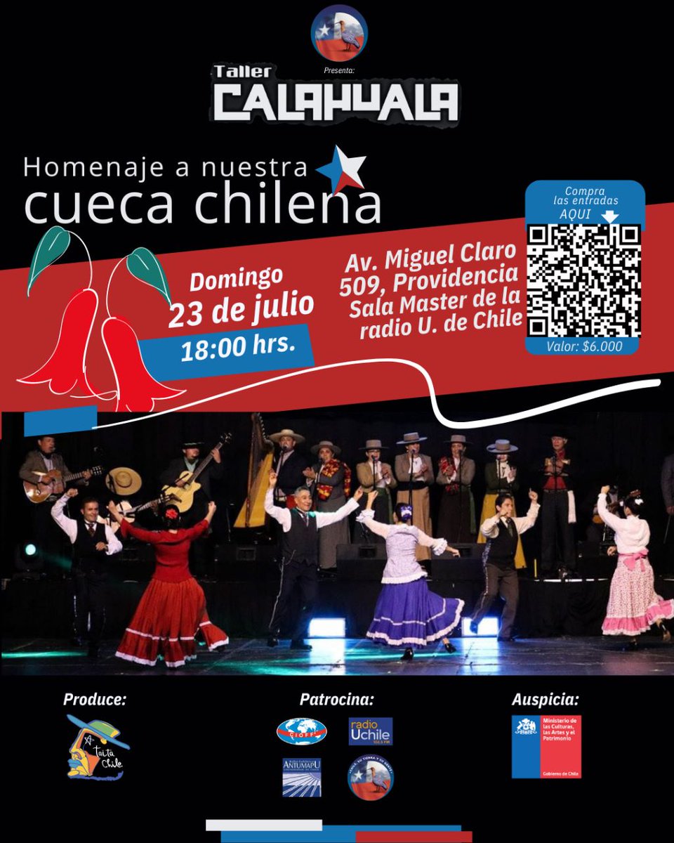 #AgendaSalaMaster | Este domingo 23 de julio, no te pierdas un homenaje a nuestra cueca chilena por parte de taller Calahuala, solo en Sala Master. 

👉Entradas a través del código QR de la imagen.