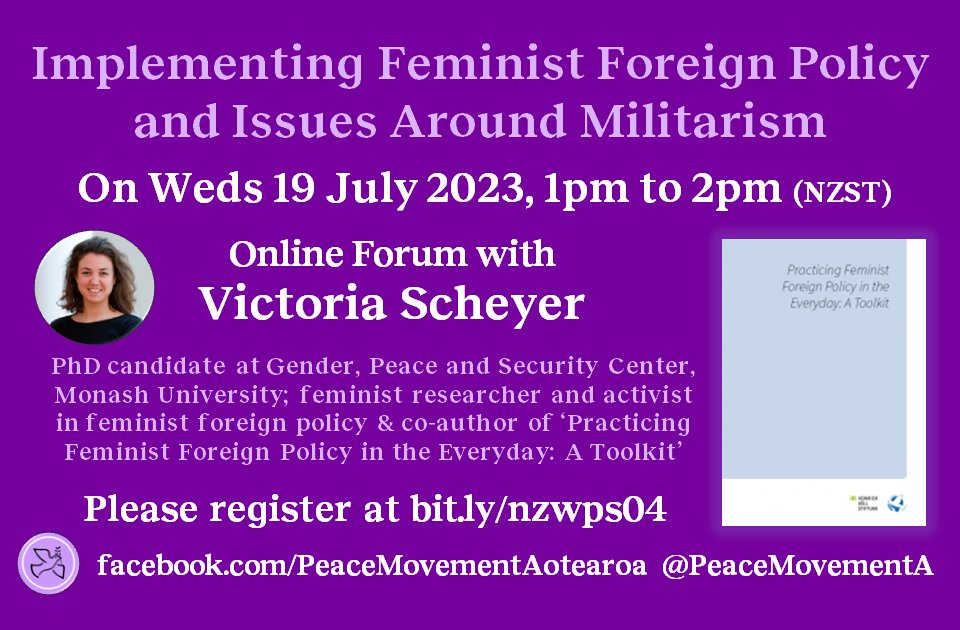 Tomorrow 1pm (NZST),👉bit.ly/nzwps04 Implementing #FFP & #Militarism @wpscoalition @diva4equality @rn_wps @RGDudley @CWSNZ  @YWILPFPeace @IFFF_WILPF @wilpfcanada @Peace_Women @WilpfAustralia @timjonesbooks @daniphilipson @vicscheyer @AkWomensCentre #FeministPeace #WPS