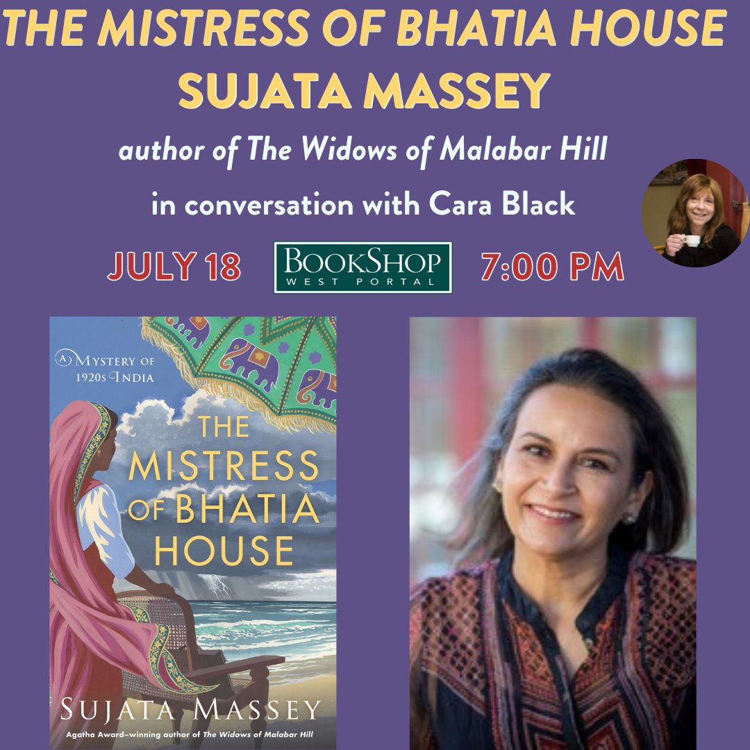 Bookshop West Portal (@bookshopwp) on Twitter photo We are so excited to welcome <a href="/sujatamassey/">sujata massey</a> to the Bookshop tomorrow at 7 pm! The Mistress of Bhatia House is the fourth novel featuring Perveen Mistry, Bombay's only female solicitor. Sujata Massey will be joined in conversation by fan-favorite <a href="/carablack/">carablack #MurderatLaVillette📕</a>! We can't wait. We are so excited to welcome <a href="/sujatamassey/">sujata massey</a> to the Bookshop tomorrow at 7 pm! The Mistress of Bhatia House is the fourth novel featuring Perveen Mistry, Bombay's only female solicitor. Sujata Massey will be joined in conversation by fan-favorite <a href="/carablack/">carablack #MurderatLaVillette📕</a>! We can't wait.