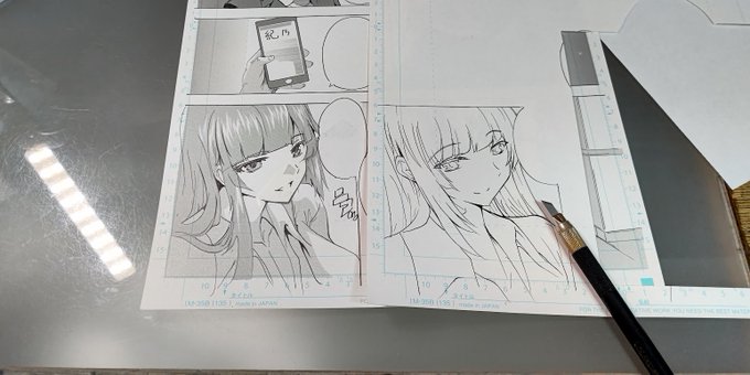 最終チェック前に原稿描き直し、切り抜き、貼り付け。
最初の方のページでキャラが出来てなかったし、
笑顔に険があるし、なんか可愛くないので。
うん、可愛くなった。 