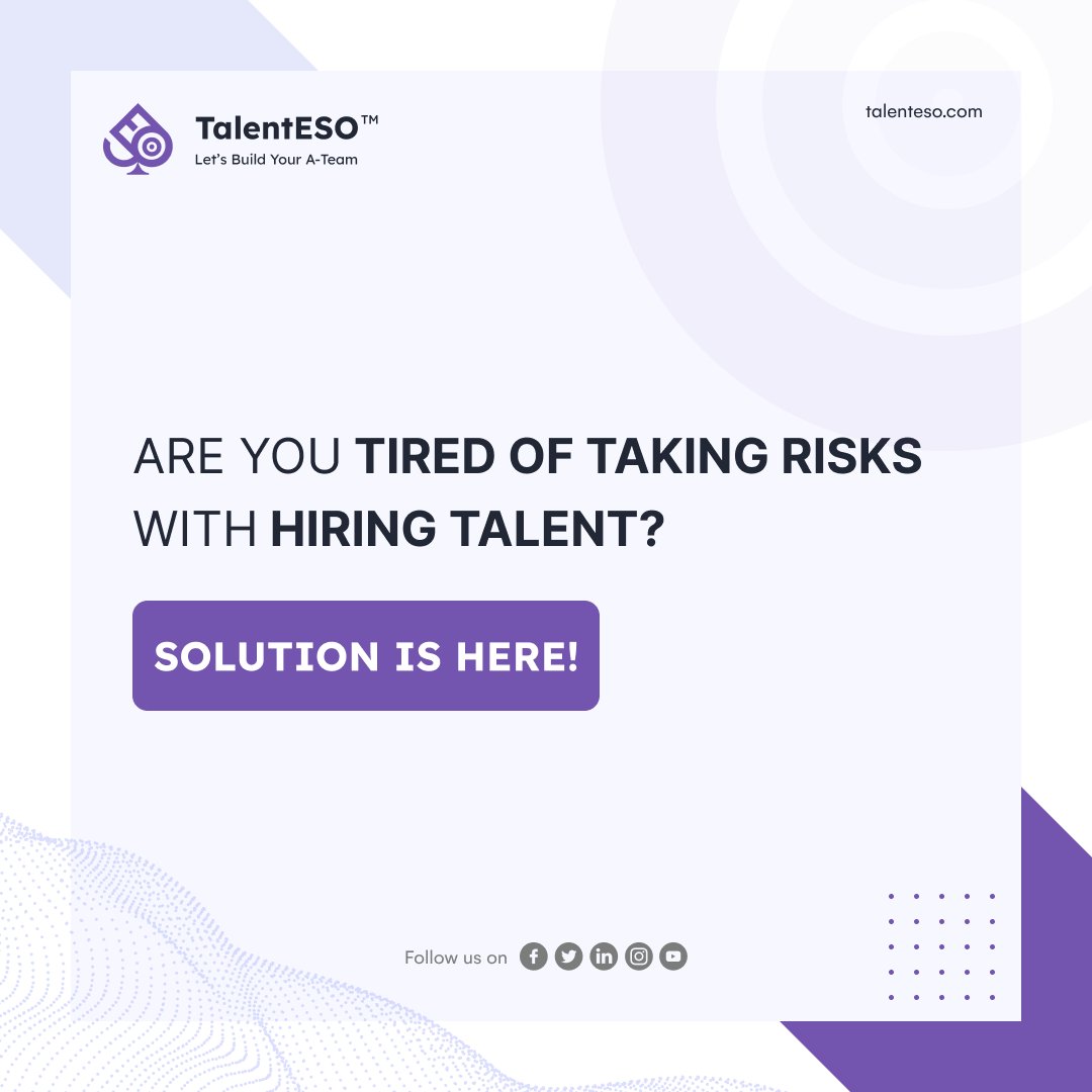 Find the right talent, stress-free. Hire and manage talents with peace of mind. TalentESO has all the necessary tools you need!

#TalentESO #ITconsultants #RiskFreeHiring #FindTheRightTalent