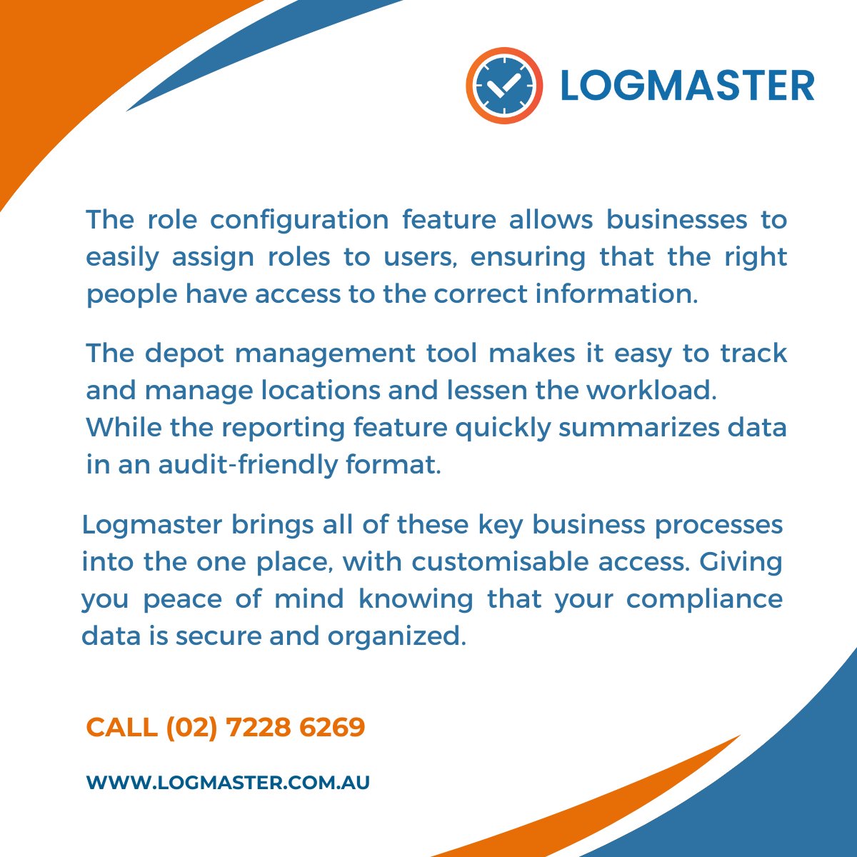 LogmasterAU's tweet image. For the Compliance Team, have compliance data collected and stored in an audit-friendly manner. Instead of passing around paper, your compliance team has it all in one place ready to action in the portal. For more info call (02) 7228 6269. #ComplianceData #Logmaster #DigitiseWork