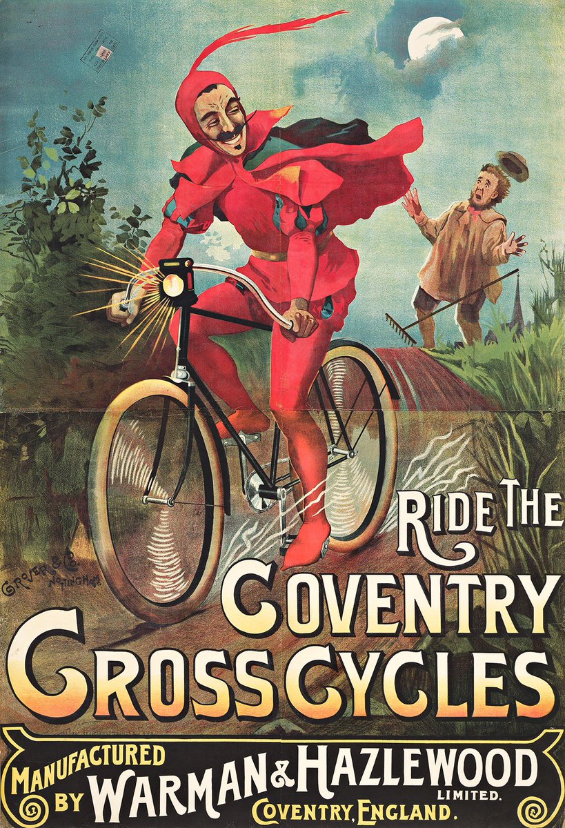NichoLowry's tweet photo. Love this poster! Circa 1895 for a British bicycle company. Not entirely sure of the message but suspect it is some kind of a humorous take on a #moralityplay. Thoughts? @SwannGalleries #vintageposter #posterauction #bicycleposter https://t.co/i4mN3zWl3g