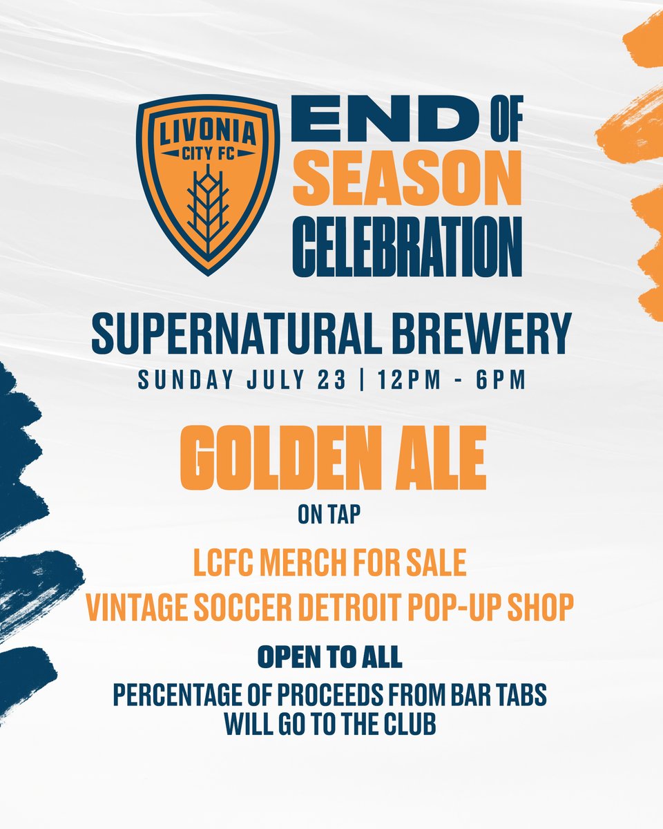 LivoniaCityFC's tweet image. We're hosting an end-of-season party at Supernatural Brewery in Livonia. 

Join us as the #LCFC Golden Ale will be on tap, with club merch available as well as a pop-up shop from Vintage Soccer Detroit (vintagesoccerdetroit.us)

We hope to see you there!
