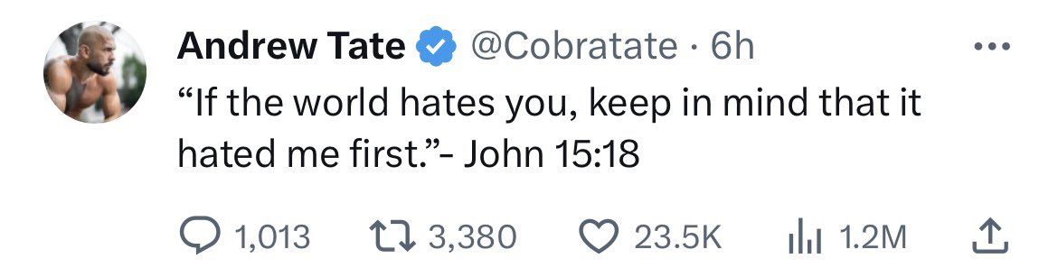 InspiringPhilos's tweet photo. Hey Tate, the context is about Christians being persecuted for spreading the gospel, not trafficking women, rape, and running a webcam business. You don’t get to use this verse! https://t.co/rz8vgxfwSb