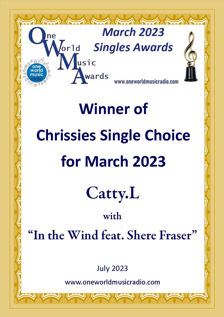 What a wonderful surprise to hear my release with Catty.L, In The Wind, just won an award with One World Music Radio! Thank you so much @OneWorldMusicEU @catty116 #oneworldmusicradio #musicawards