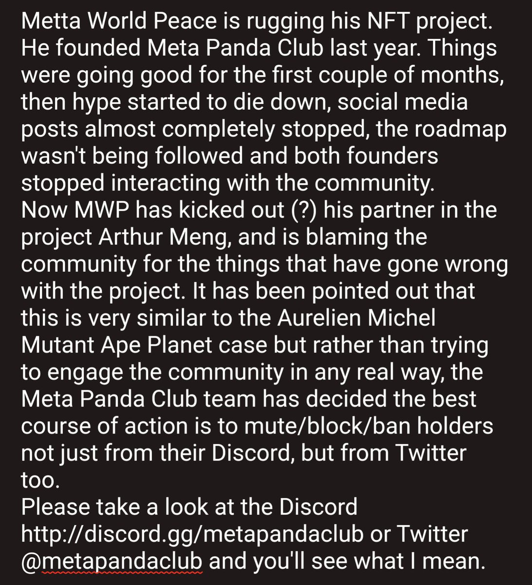 Daily reminder that @metapandaclub by @xvsxsports and @MettaWorld37 is a rugpull 

#nft #NFTCommunity #rugpull #rugpullcommunity #NBA https://t.co/lDStKkEGKZ