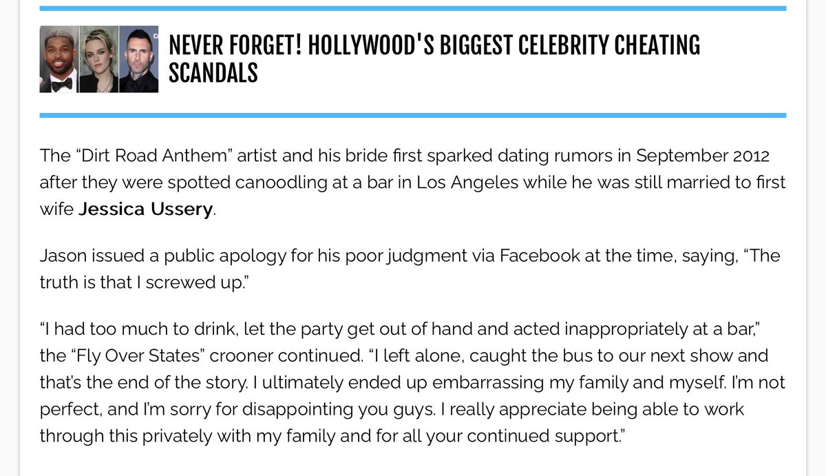 <a href="/shannonrwatts/">Shannon Watts</a> <a href="/KaivanShroff/">Kaivan Shroff</a> <a href="/Jason_Aldean/">Jason Aldean</a> Jason Aldean got busted cheating on his wife with a reality tv “actor”. Then he lied about it, begged forgiveness, blamed alcohol &amp; promised to be a better man. Wife forgave &amp; took him back. Then he dumped her for the reality tv trash. That’s death penalty stuff in a small town.