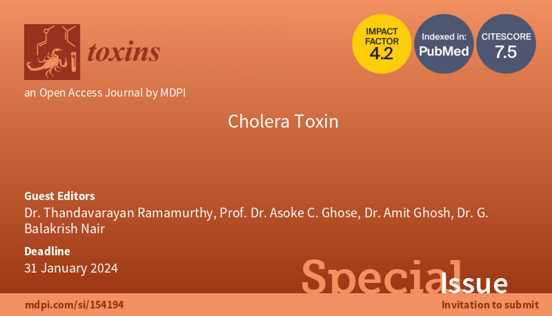 Check out the new submission deadline for Special Issue "#Cholera Toxin": 31 January 2024🪧
🤝Many thanks to Guest Editor: Dr. Ramamurthy, Prof. Ghose, Dr. Ghosh and Dr. Nair @ICMRNICED
👉Welcome to read publications and submit your work to: mdpi.com/si/154194