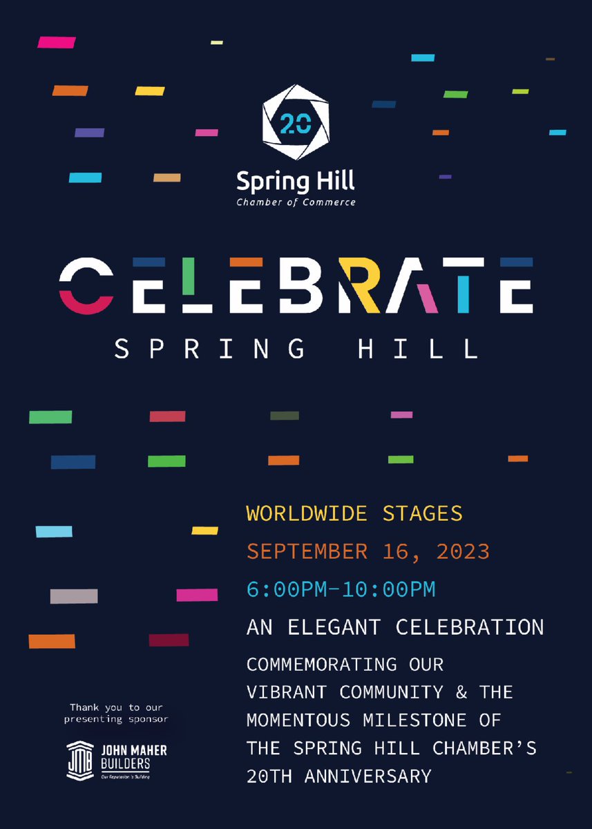 Join us for Celebrate Spring Hill, an elegant celebration commemorating our vibrant community and momentous milestones of the Spring Hill Chamber’s 20th anniversary, on September 16, 2023 at Worldwide Stages. https://t.co/EeO82FHkZH https://t.co/CuzpfxV0Ka