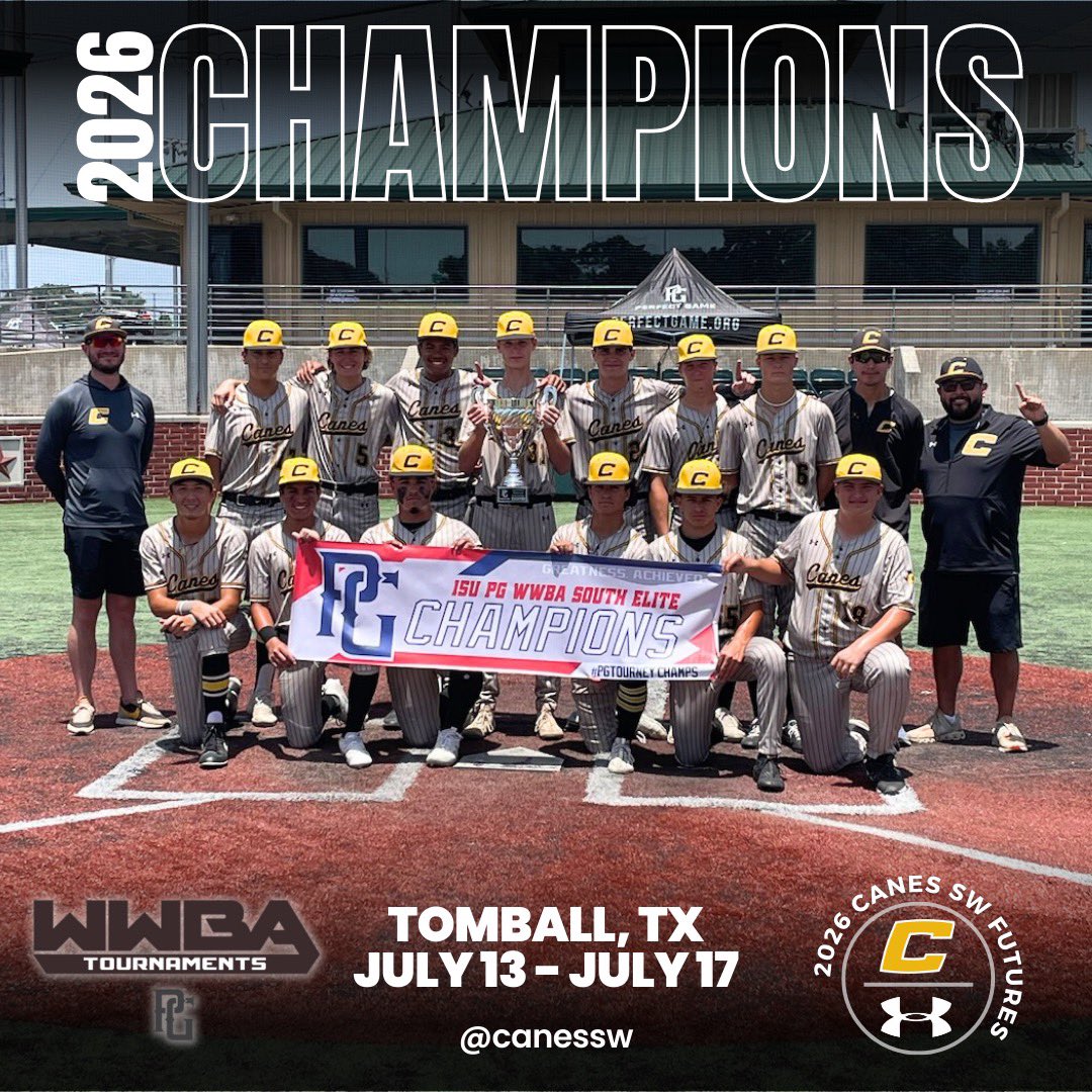 To be the best, you gotta beat the best…

And #CanesSW 2026 Futures proved it could do exactly that by winning the LOADED @perfectgameusa WWBA South Elite championship. TOTAL team effort. Clutch hitting. Awesome pitching. We could not be more proud of this group. 🏆🥇👏🫡