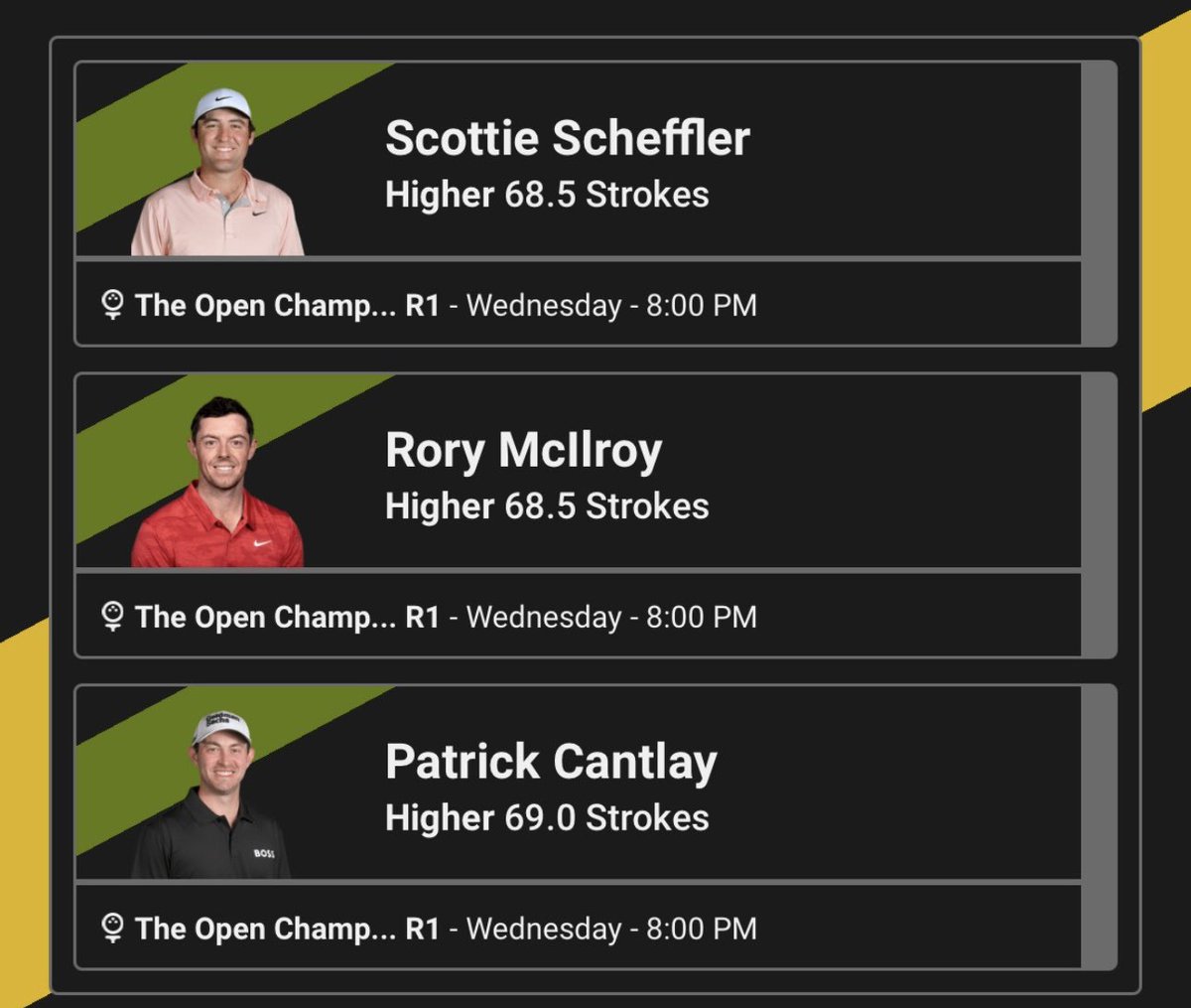 Me and @shiestypicks23 cooked up some early slips for the PGA Open Championship, two 5 picks and and two 3 picks. Players have min 1 stroke discrep from our projections, DG also predicts average stroke to par at +1.5 so we are taking overs

Lets keeping running it up! https://t.co/4JFXj8NHVo