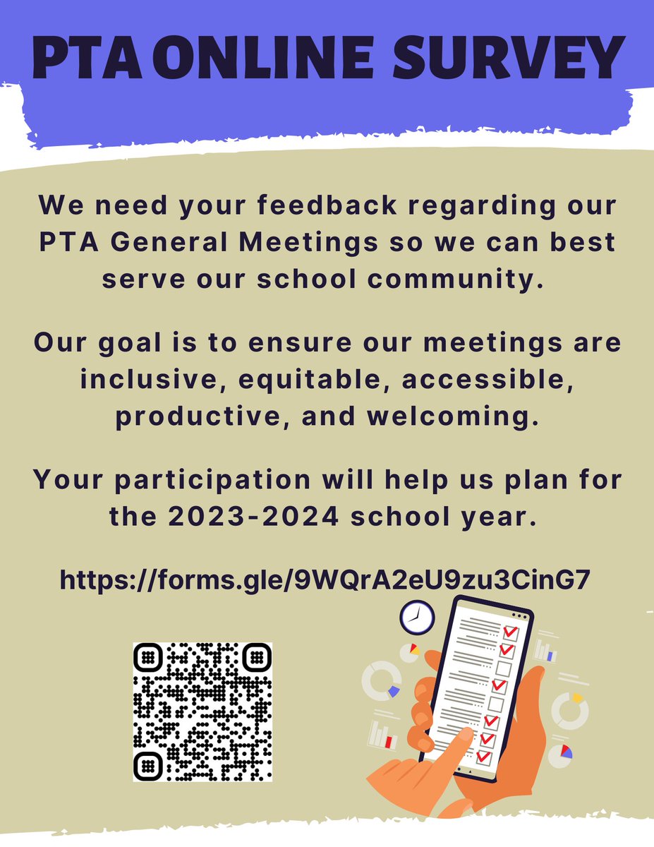 Baileys_PTA's tweet photo. We need your feedback! Your participation in this survey is very important! The focus is to gather information on what day(s), times, meeting format and interpretation options our members would like to see. @BaileysES_FCPS 
Survey Link:
https://t.co/9AlbqpIurn https://t.co/1se2ir9CNB