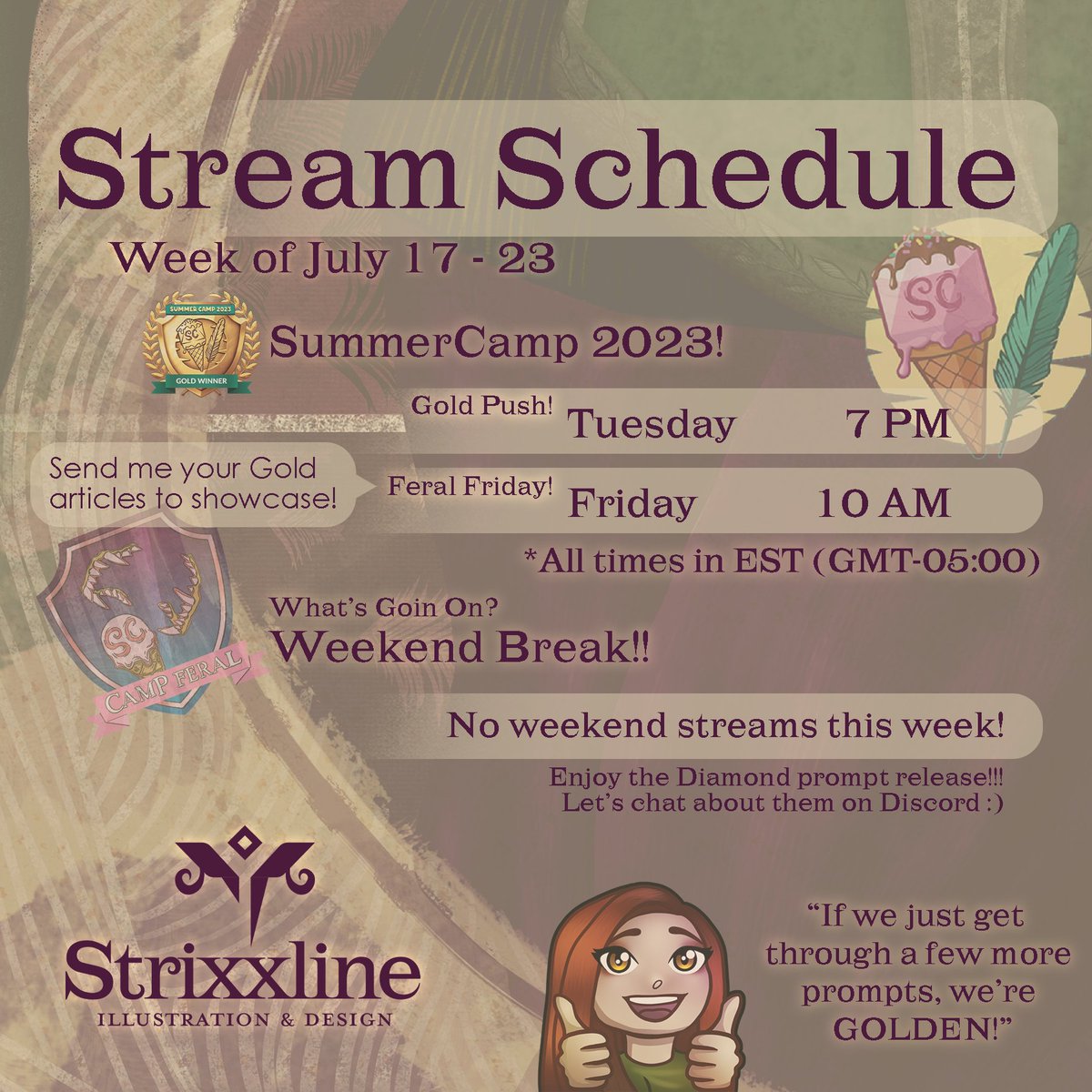 strixxline's tweet photo. Schedule for this week! Only doing Tuesday writing sprints and Friday article reads this week! Hope to see y'all around before I take my little weekend break 💜✨ #WASummerCamp #Worldbuilding #WritingCommunity https://t.co/GR2DXVbTKB