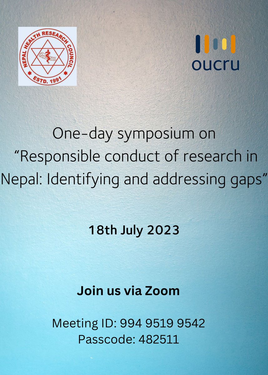 One-day symposium on 'Responsible conduct of research in Nepal: Identifying & addressing gaps' is happening today. This event is organised by #NepalHealthResearchCouncil and @OUCRU_Programme Nepal.
Anyone interested can join the event via zoom. 
@OUCRU_PE @OUCRU_CTU