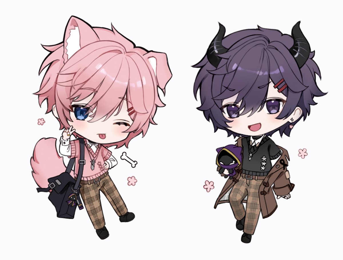 multiple boys horns 2boys pants pink hair animal ears tongue out  illustration images