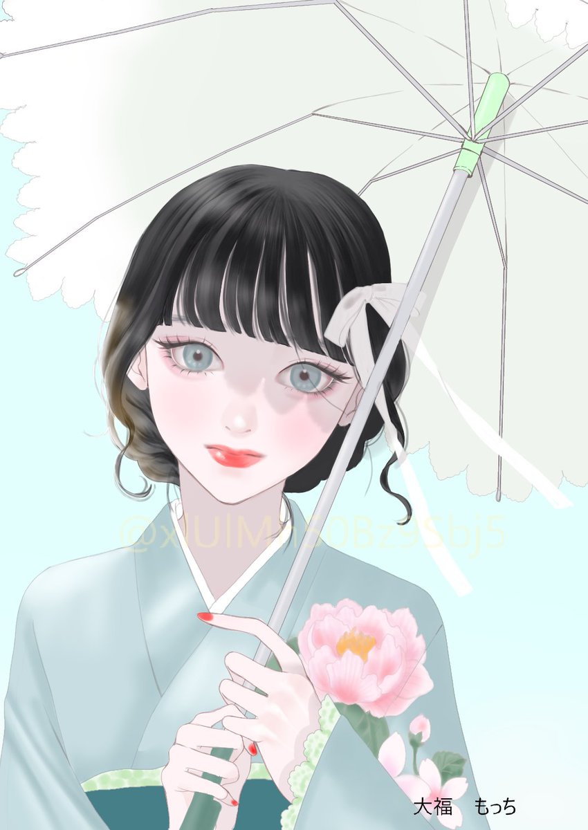 1girl solo kimono umbrella japanese clothes flower holding  illustration images