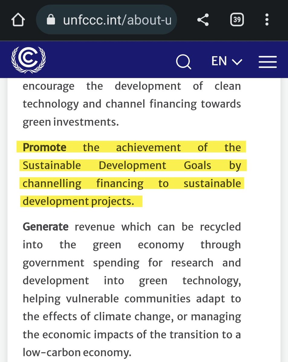 11) The Paris Agreement contains specific wording on carbon pricing instruments, including carbon taxes. The United Nations FCCC explains on their website that these instruments promote the achievement of the SDGs by "channelling financing to sustainable development projects."