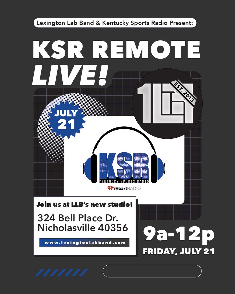 Lexington Lab Band (@lex_lab_band) on Twitter photo We are hosting <a href="/KySportsRadio/">Matt Jones</a> <a href="/ShannonTheDude/">Shannon The Dude</a> <a href="/ryanlemond/">Ryan Lemond</a> <a href="/DrewFranklinKSR/">Drew Franklin</a> & <a href="/BillyRsports/">Billy Rutledge</a> for a live remote this Friday 9-Noon at our future home in Nicholasville. We are hosting <a href="/KySportsRadio/">Matt Jones</a> <a href="/ShannonTheDude/">Shannon The Dude</a> <a href="/ryanlemond/">Ryan Lemond</a> <a href="/DrewFranklinKSR/">Drew Franklin</a> & <a href="/BillyRsports/">Billy Rutledge</a> for a live remote this Friday 9-Noon at our future home in Nicholasville.