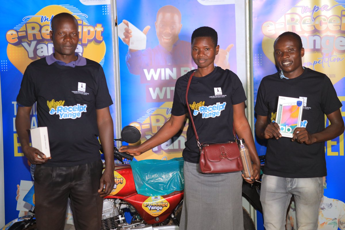 URAuganda's tweet photo. The sound of y𝑜 𝑙e𝑛g will ring long for our Lira City #MpaEreceiptYange champions.

You too can be like Rose or Samu when the Taxman comes to your town.

Don't tire submitting those ereceipts and who knows, your country people may read about your winning🎇story very very soon! https://t.co/wzg76Zmiq5