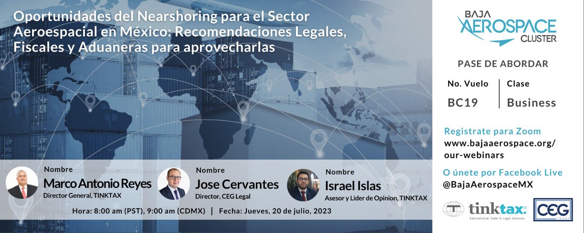 Escuchemos a tres importantes ponentes, aliados del Cluster Aeroespacial de Baja California. Nos compartirán su visión y recomendaciones legales, fiscales y aduaneras de cómo hacer frente exitosamente a un inevitable “nearshoring” en el sector aeroespacial.

Charla sin costo.