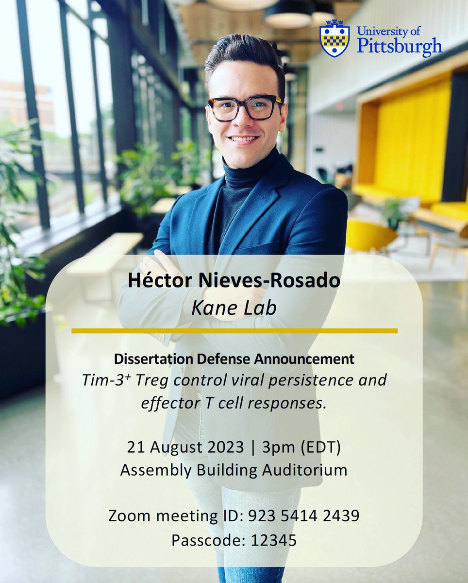 Hector Nieves-Rosado (@hector__nieves) on Twitter photo Mark your calendars! After 3 years of challenging and rewarding research I am getting ready to defend my PhD thesis! Feel free to attend if you want to support me and learn about our exciting findings in immunology of chronic infections. <a href="/PittCMU_MSTP/">Pitt/CMU MSTP</a> <a href="/Pitt_PMI/">Pitt Micro/Immuno</a> #mdphdstudent 🇵🇷 Mark your calendars! After 3 years of challenging and rewarding research I am getting ready to defend my PhD thesis! Feel free to attend if you want to support me and learn about our exciting findings in immunology of chronic infections. <a href="/PittCMU_MSTP/">Pitt/CMU MSTP</a> <a href="/Pitt_PMI/">Pitt Micro/Immuno</a> #mdphdstudent 🇵🇷