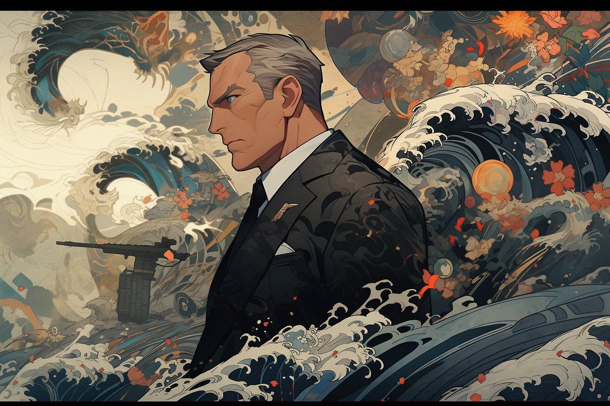 midj_couple's tweet photo. James Bond x Ukiyo-E
#jamesbond #danielcraig #aiart #ukiyoe #MidjourneyAI #midjourneyv5 #midjourney52 #nijijourney #NijiGeneration #nijigenexpo https://t.co/RgVsIkliIB
