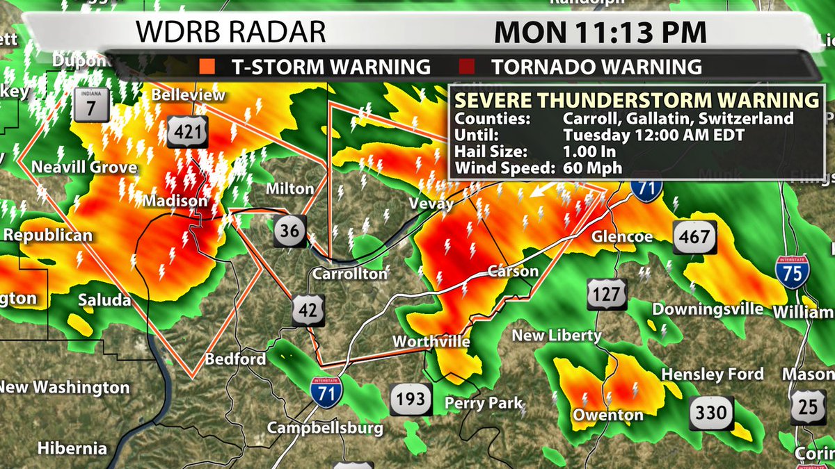 A Severe Thunderstorm Warning has been issued for Carroll, Switzerland, Gallatin Co. until 7/18 12:00AM EDT. Tune to WDRB or go to our interactive radar at https://t.co/Z92Rp1I0p3. https://t.co/5xOyUkse1I