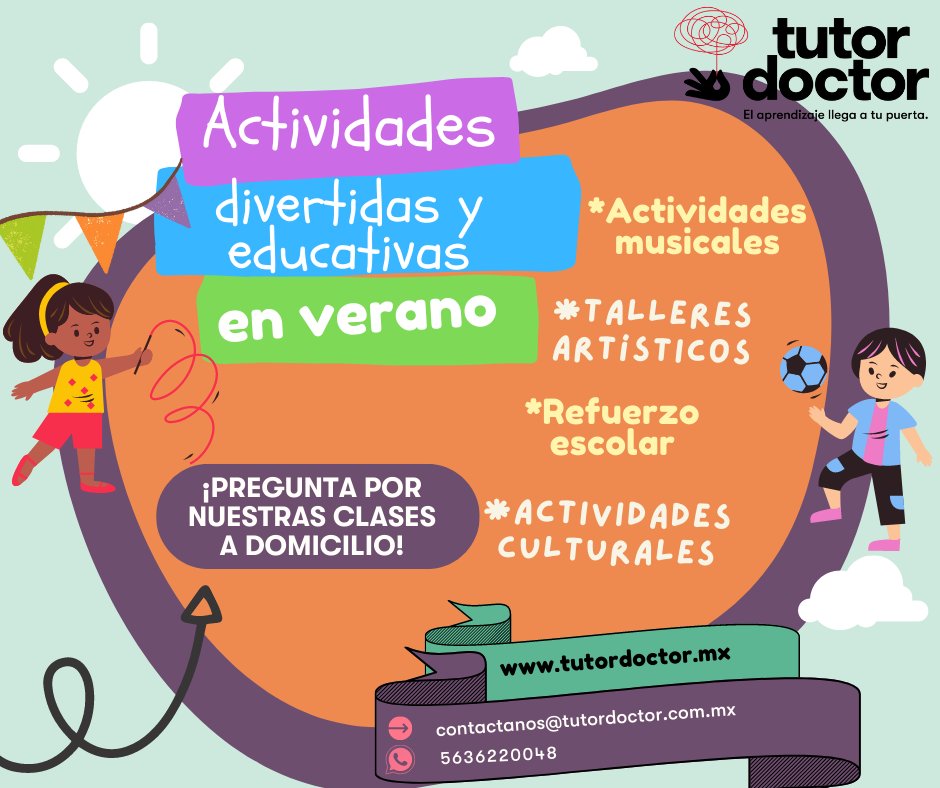 TutorDrMX's tweet photo. ¿Cómo lograr el equilibrio entre el estudio y la diversión en vacaciones?
El mejor tutor para tus hijos estás vacaciones de verano ¡Despierta su creatividad!
📱 52 5636220048
📧 contactanos@tutordoctor.com.mx
#TutorDoctorMX #clasesparticulares #clasesenlínea #VacacionesDeVerano https://t.co/QsBTO9nAUQ