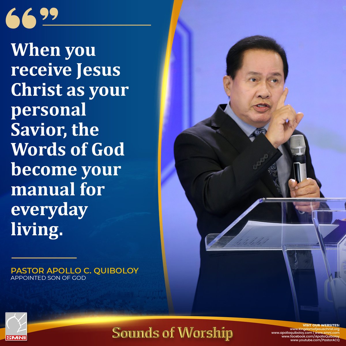 PastorACQ's tweet photo. Learn More: 
https://t.co/5JPnaK1Tua 
https://t.co/gqpwqFlSuG

#ApolloQuiboloy #KingdomOfJesusChrist #WordsoftheSon #ProphecyFulfilled #SMNI #Jesus #God #Faith #Hope #Joy #Love #salvation https://t.co/WpbjINsCWB