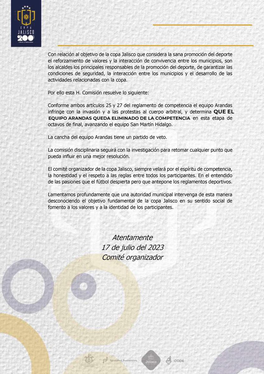 copa_jalisco's tweet image. Resolución de la H. Comisión Disciplinaria en relación al encuentro ARANDAS vs SAN MARTÍN DE HIDALGO realizado el día Domingo 16 de Julio alas 16:00hrs en la Unidad Díaz Ordaz de Arandas, Jalisco.