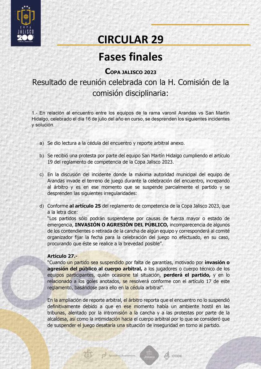 copa_jalisco's tweet image. Resolución de la H. Comisión Disciplinaria en relación al encuentro ARANDAS vs SAN MARTÍN DE HIDALGO realizado el día Domingo 16 de Julio alas 16:00hrs en la Unidad Díaz Ordaz de Arandas, Jalisco.