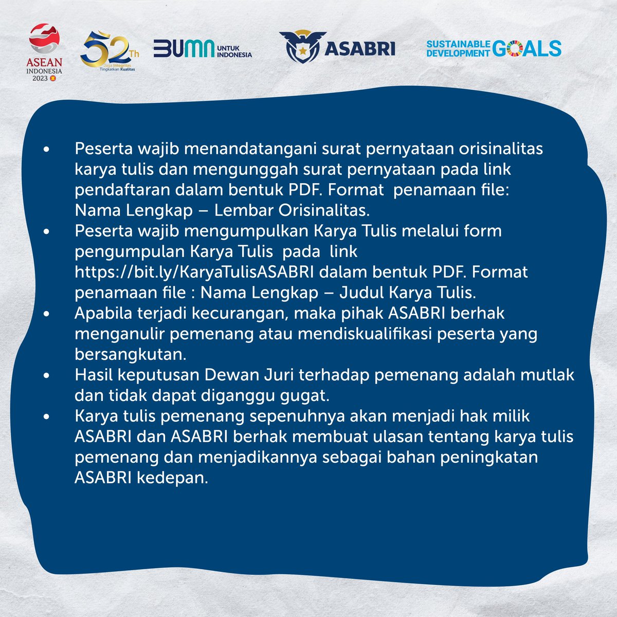 Kemhan_RI's tweet photo. Selain mendapatkan hadiah total puluhan juta rupiah, Peserta lomba juga akan mendapatkan free workshop kiat menulis karya tulis.
Simak syarat dan ketentuan lengkapnya pada infografis berikut ini.
Kami tunggu pendaftarannya🤗🙏🏻
#Kemhan #KemhanRI #Asabri https://t.co/9cNXN7GVVv