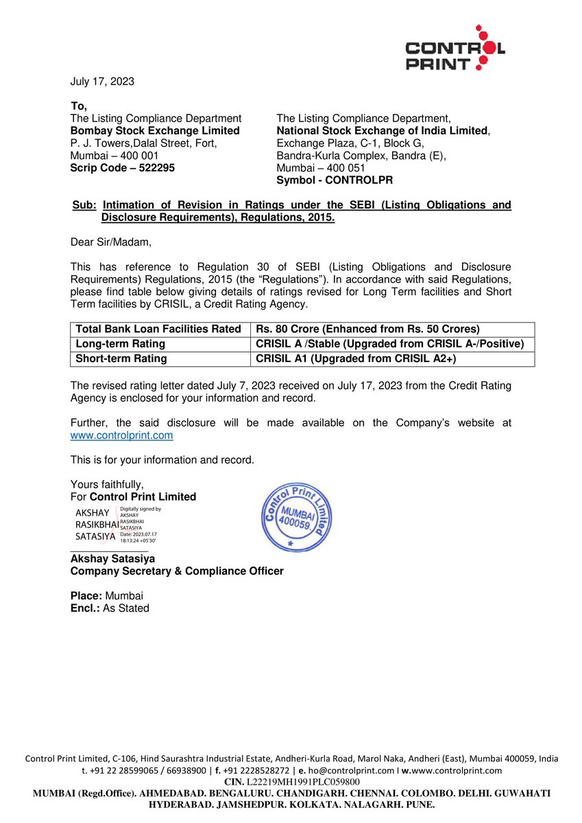 b2anuragg's tweet image. #ControlPrint #Creditupgrade #Dollykhanna Crisil ratings 
Longterm rating CRISIL A/Stable (Upgraded from 'CRISIL A-/Positive')
Short term rating CRISIL A1 (Upgraded from 'CRISIL A2+')