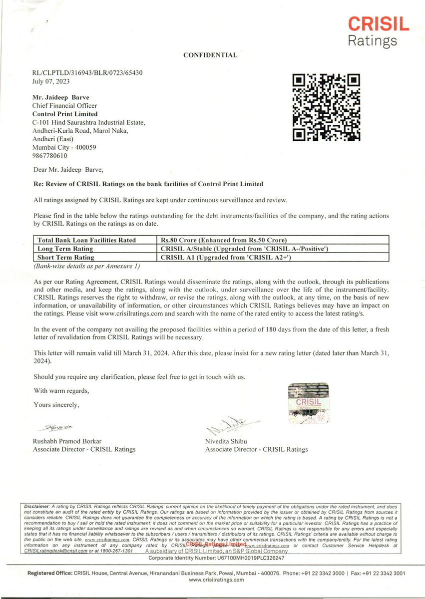 b2anuragg's tweet image. #ControlPrint #Creditupgrade #Dollykhanna Crisil ratings 
Longterm rating CRISIL A/Stable (Upgraded from 'CRISIL A-/Positive')
Short term rating CRISIL A1 (Upgraded from 'CRISIL A2+')