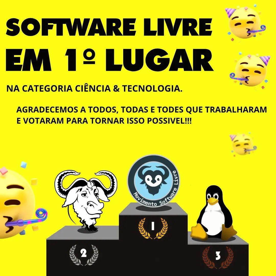 SoftwareLivre_'s tweet photo. 🏆SOFTWARE LIVRE EM PRIMEIRO LUGAR

Com 932 votos, a proposta do Movimento Software Livre ficou em PRIMEIRO na categoria CIÊNCIA, TECNOLOGIA e INOVAÇÃO.

Acesse, divulgue e ajude a construir o https://t.co/uyKCAr98MZ

#ServicoDigitalBrasileiro 
#SoftwareLivre https://t.co/bWVxm2A7NX